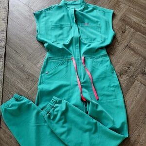 Women's FIGS Teal Jumpsuit with Pink Accents